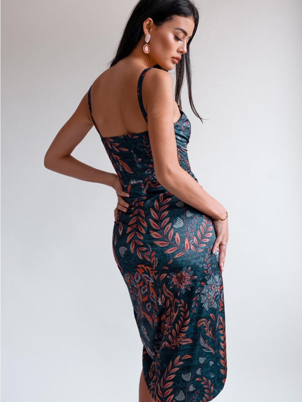 Averie Teal Floral Plunge Corseted Midi Dress NWT - Picture 4 of 11